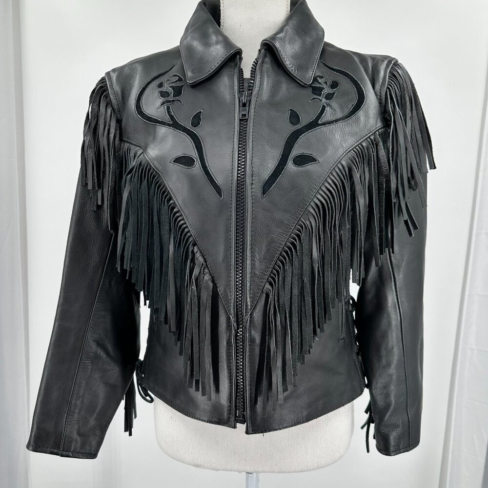 Women's First Black Rose Quilted Leather Motocycle Riding Jacket, Lined Size 8